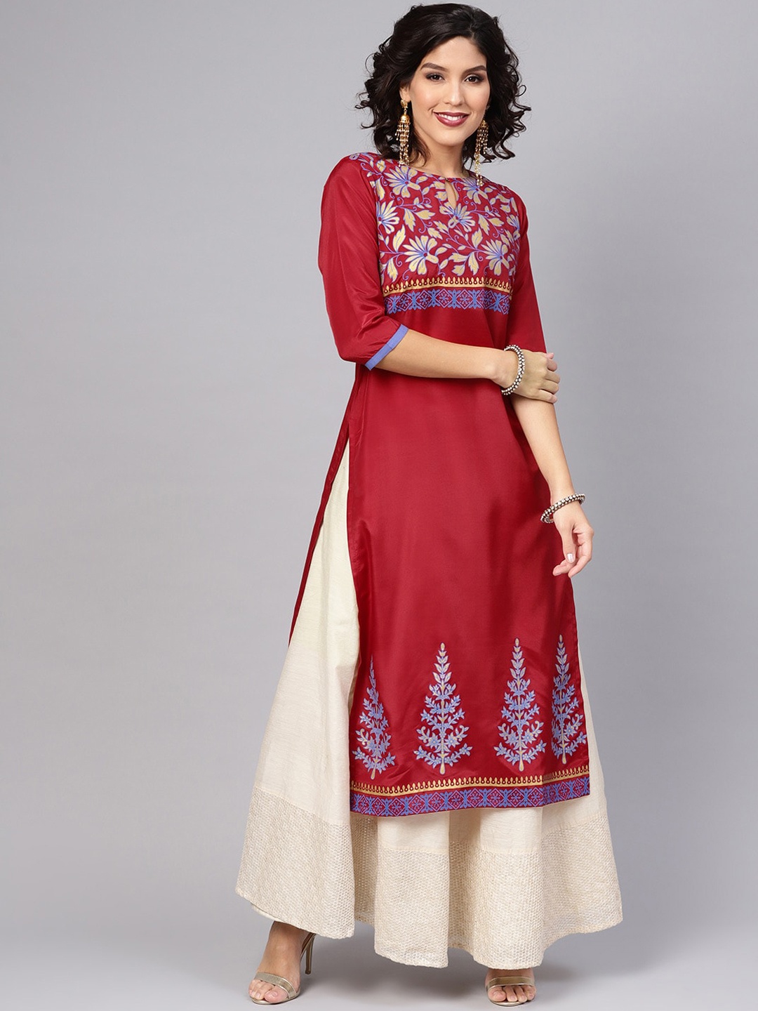 

Libas Women Maroon Ethnic Motifs Printed Keyhole Neck Kurta