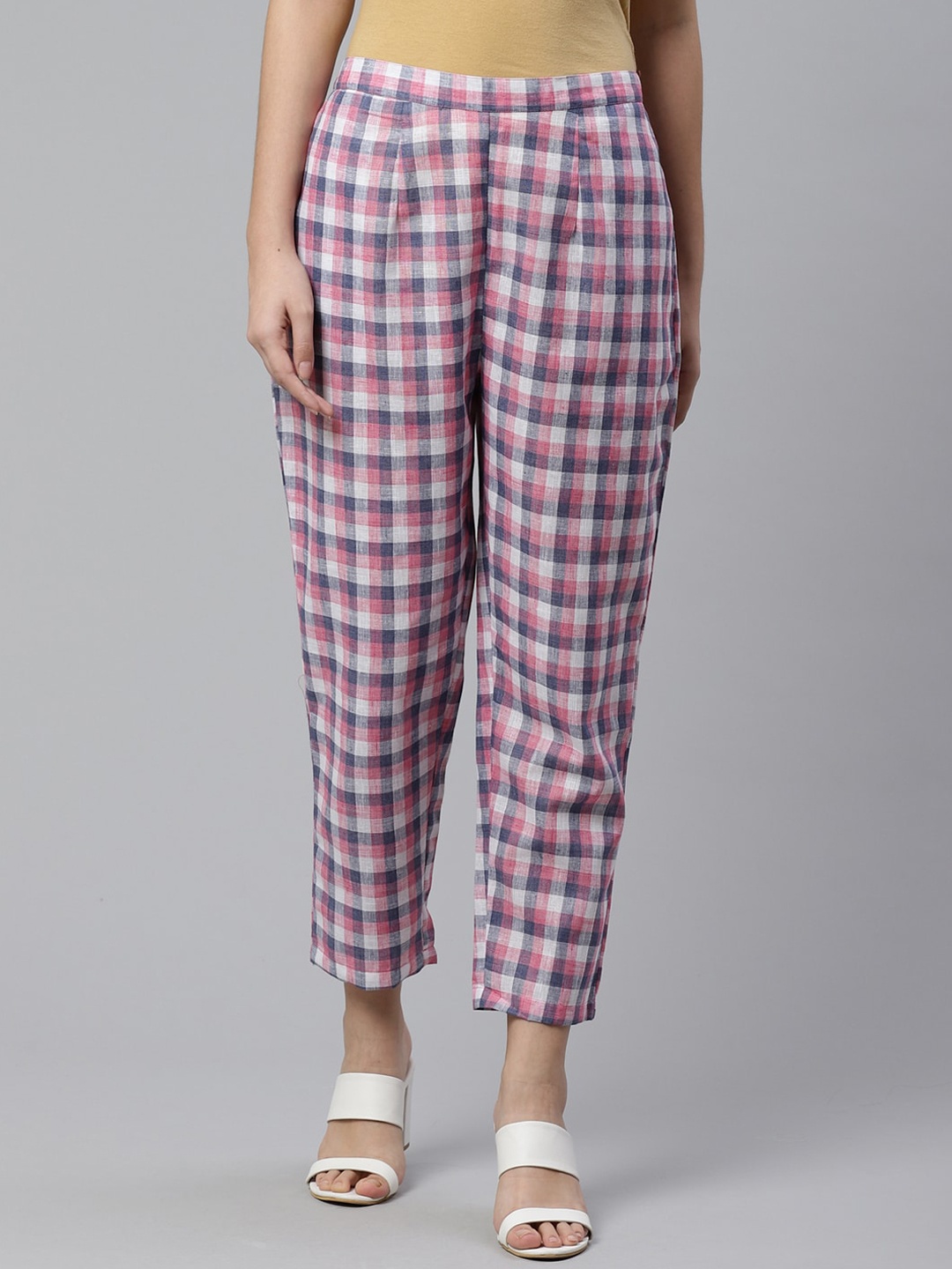

Libas Women White Cotton Checked Trousers