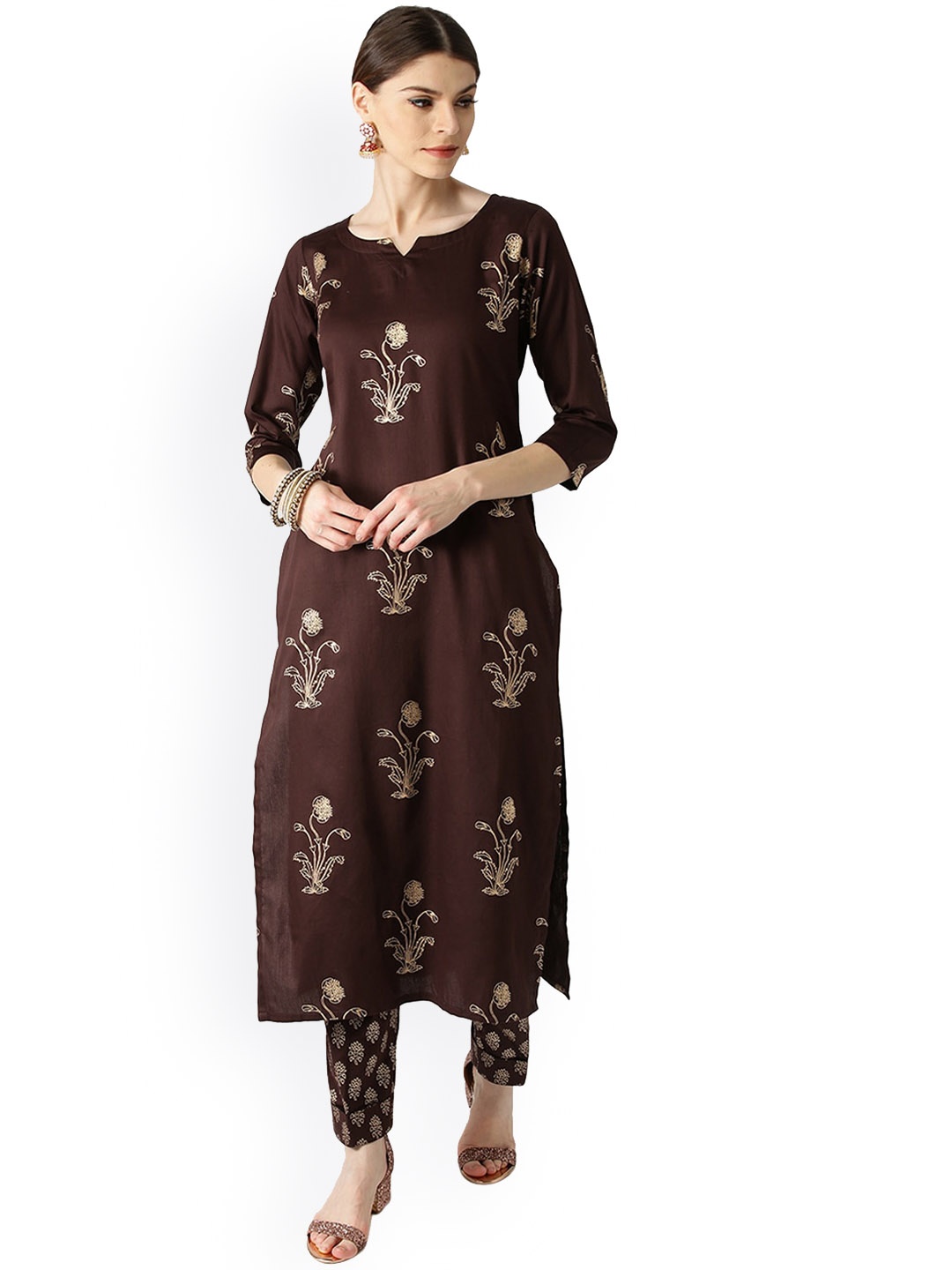 

Libas Women Brown Floral Printed Pure Cotton Kurta with Trousers