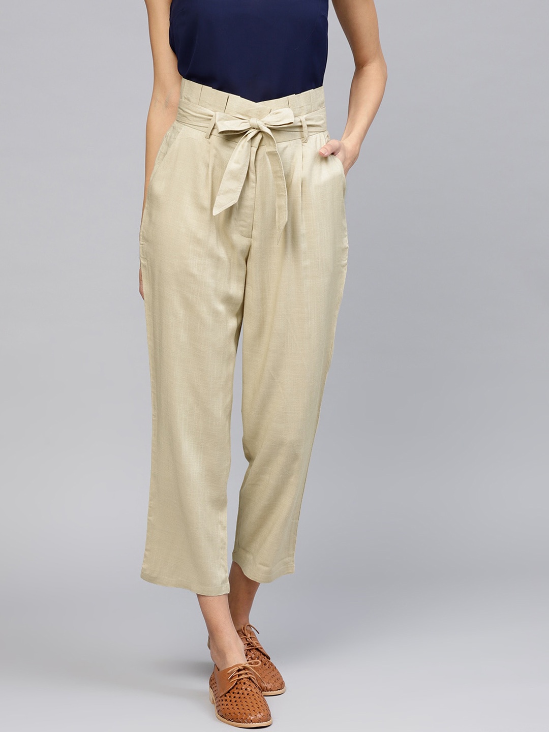 

Libas Women Beige Straight Fit Pleated Trousers