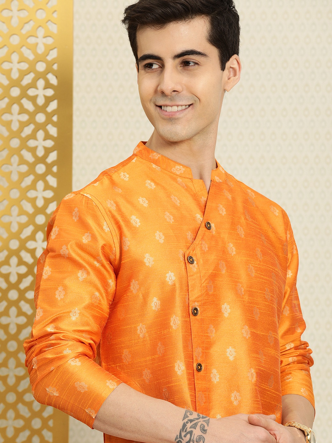 

House of Pataudi Men Orange & Golden Ethnic Motifs Woven Design Angrakha Detail Kurta