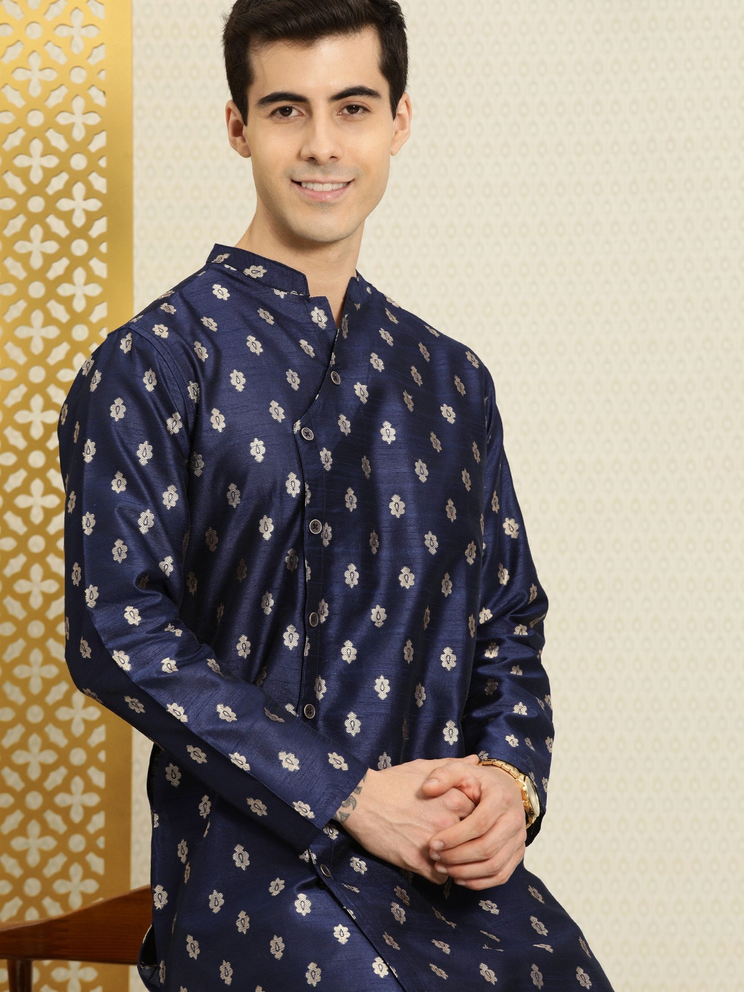 

House of Pataudi Men Navy Blue & Golden Ethnic Motifs Woven Design Angrakha Detail Kurta