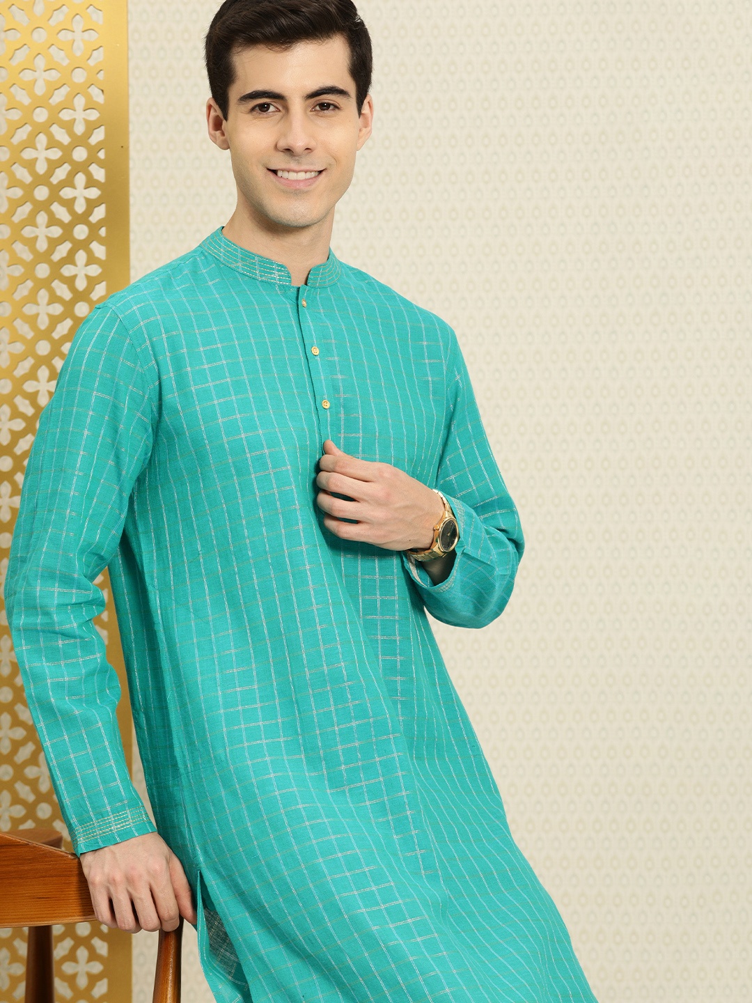 

House of Pataudi Men Turquoise Blue & Gold-Toned Checked Kurta