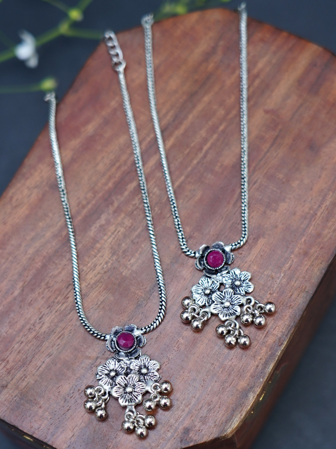 

FIROZA Women Set of 2 Oxidised Silver-Toned & Red Stone-Studded Anklets