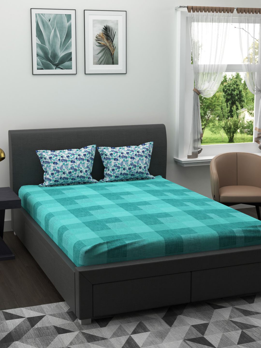 

BIANCA Teal & White Geometric 144 TC Queen Bedsheet with 2 Pillow Covers