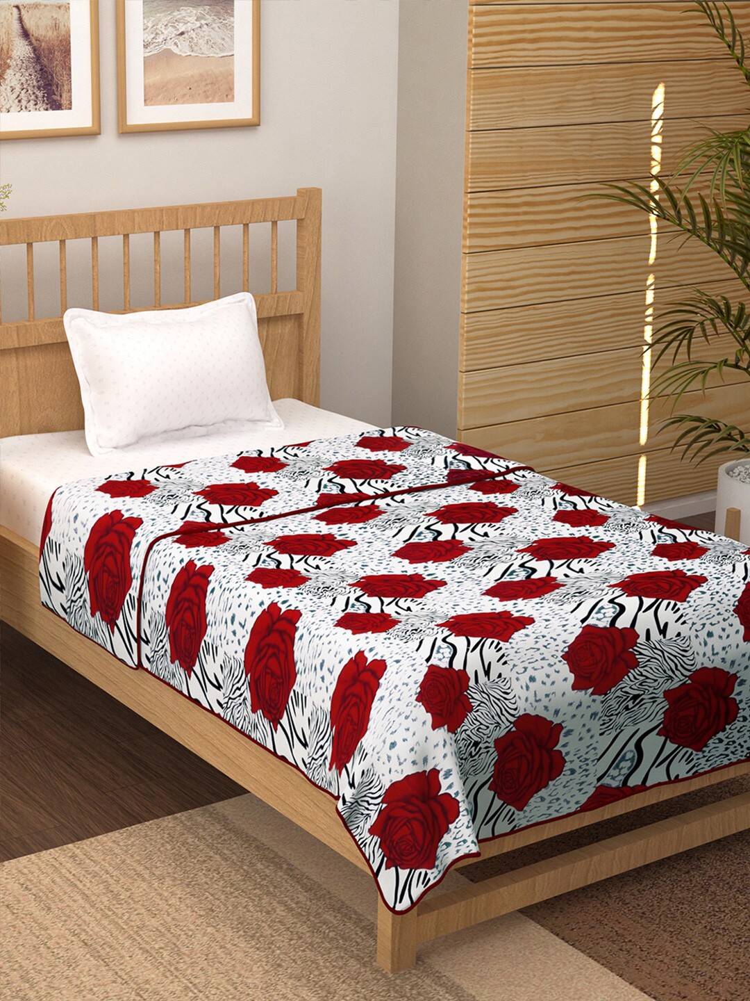 

Story@home White & Maroon Floral Printed 200 GSM AC Room Single Bed Dohar