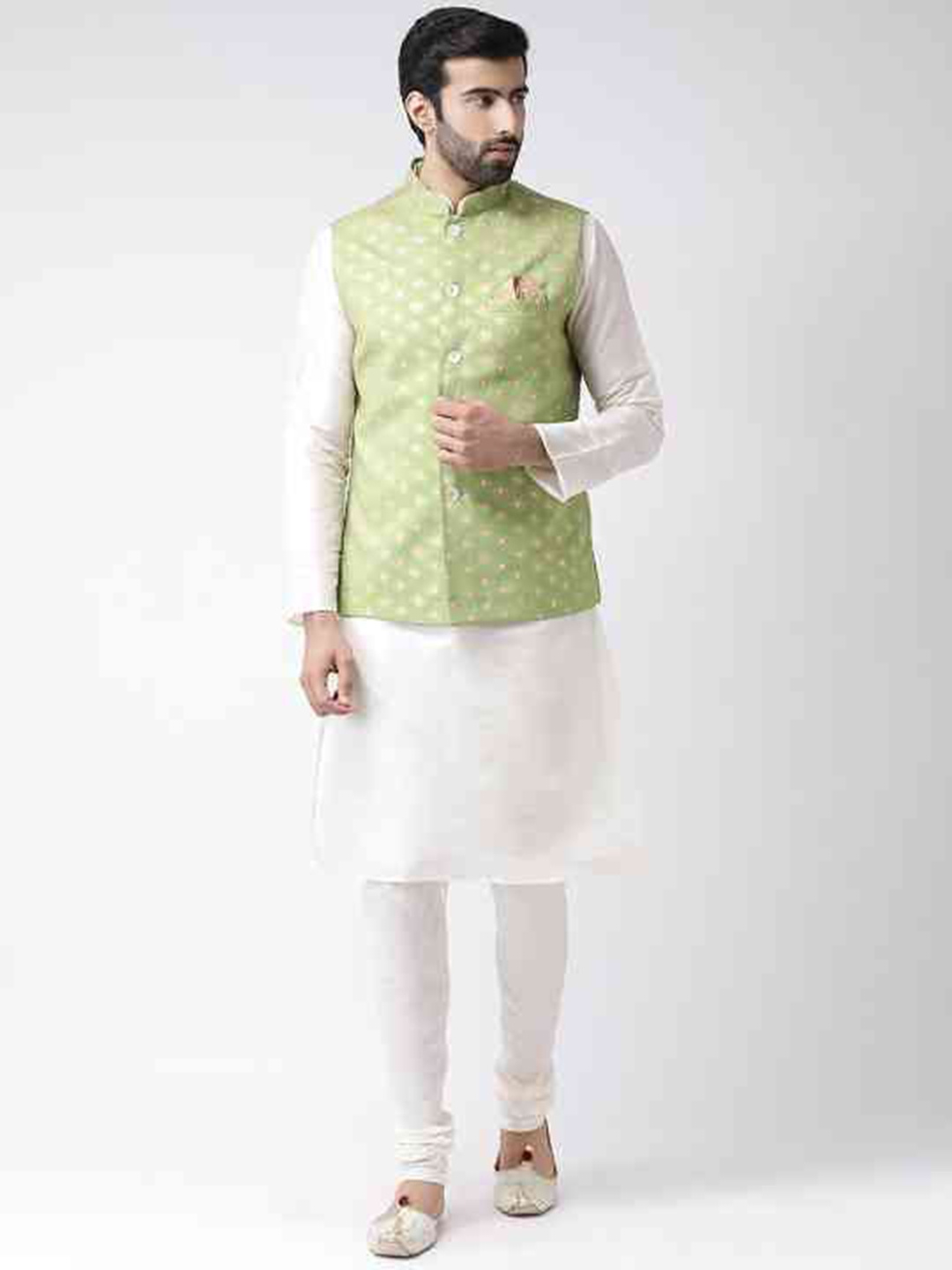 

KISAH Men White Angrakha Kurta with Churidar & Jacket