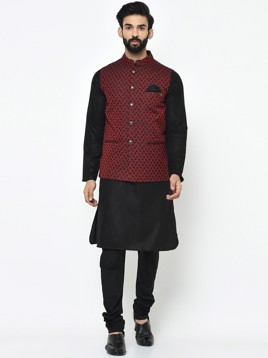

KISAH Men Black & Maroon Layered Kurta Jacket Set