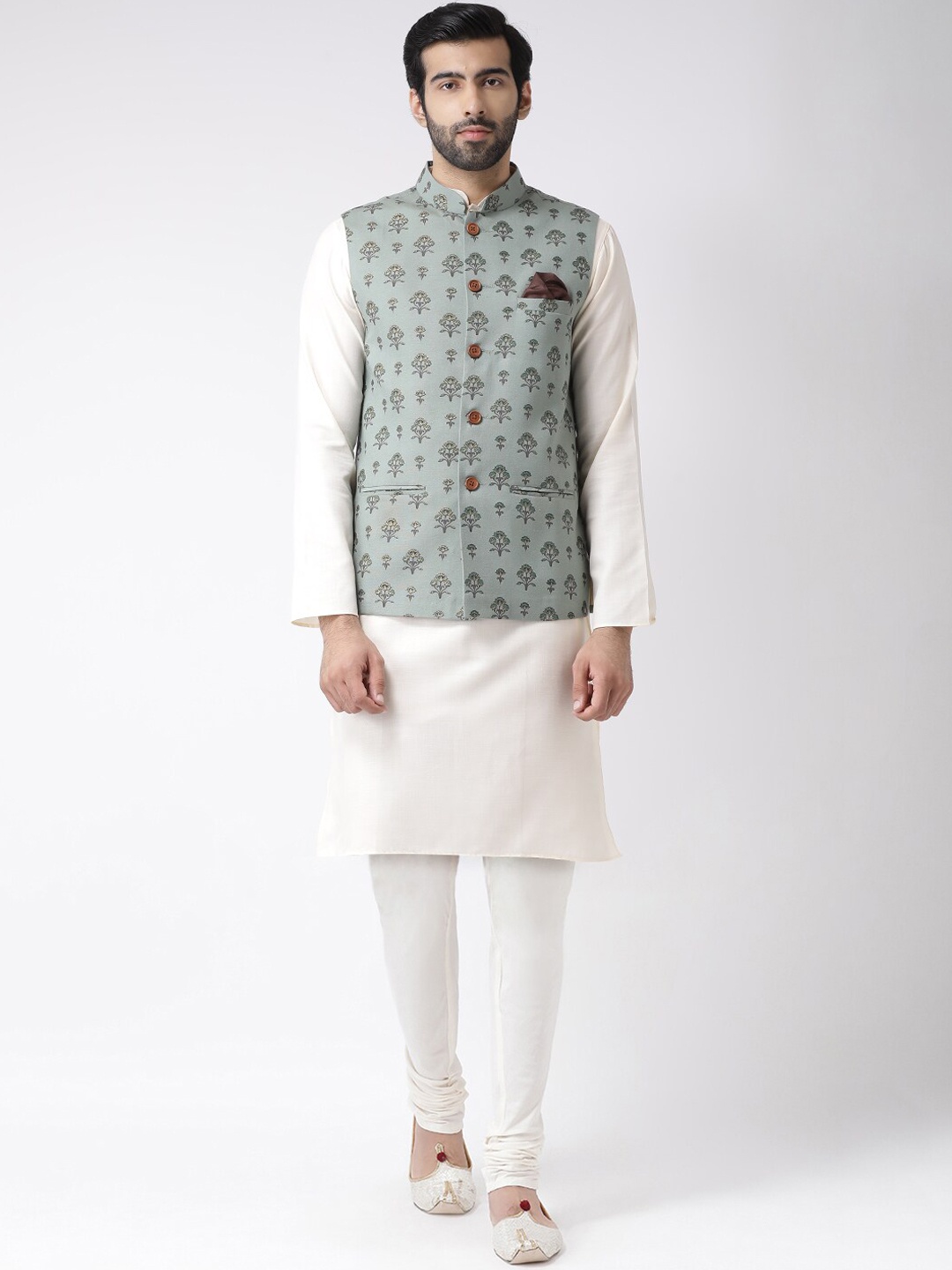 

KISAH Men White & Green Layered Kurta Jacket Set with Churidar