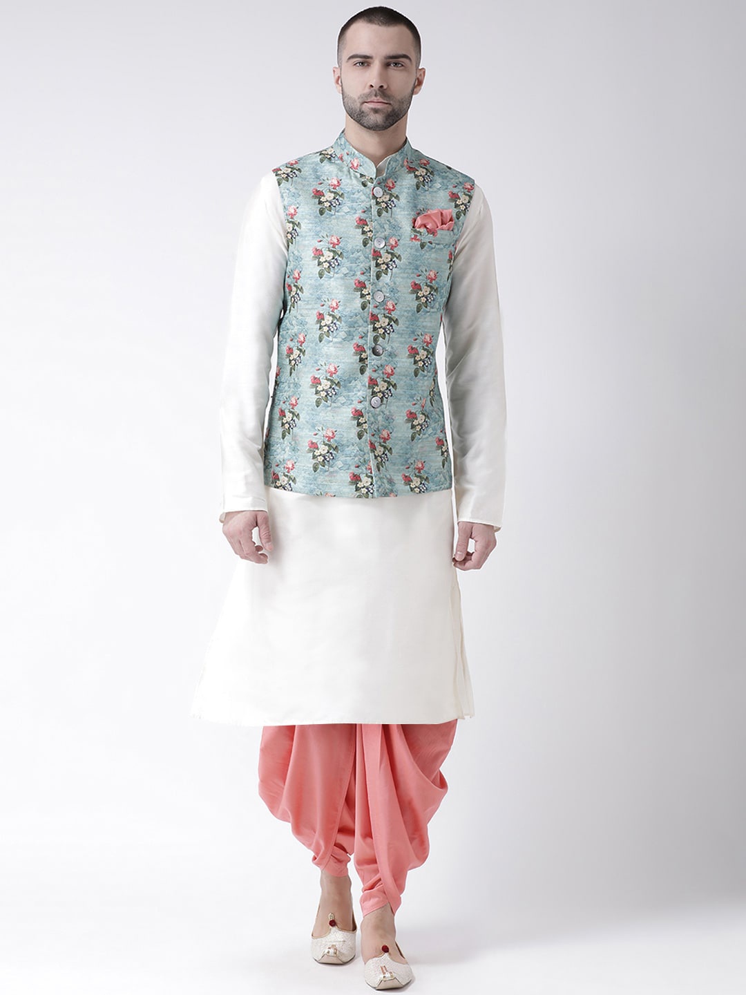 

KISAH Men White & Blue Kurta with Dhoti Pants & Jacket