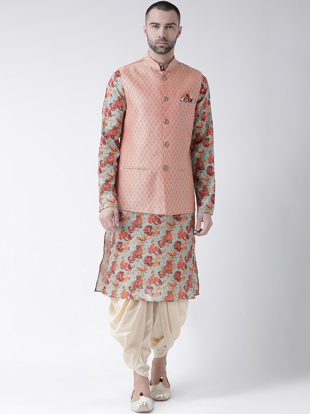 

KISAH Men Orange Floral Printed Kurta with Dhoti Pant