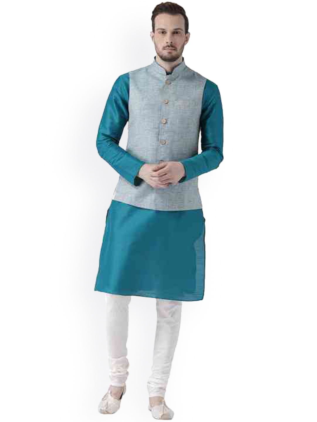 

KISAH Men Solid Regular Fit Woven Kurta Jacket Churidar Set, Blue