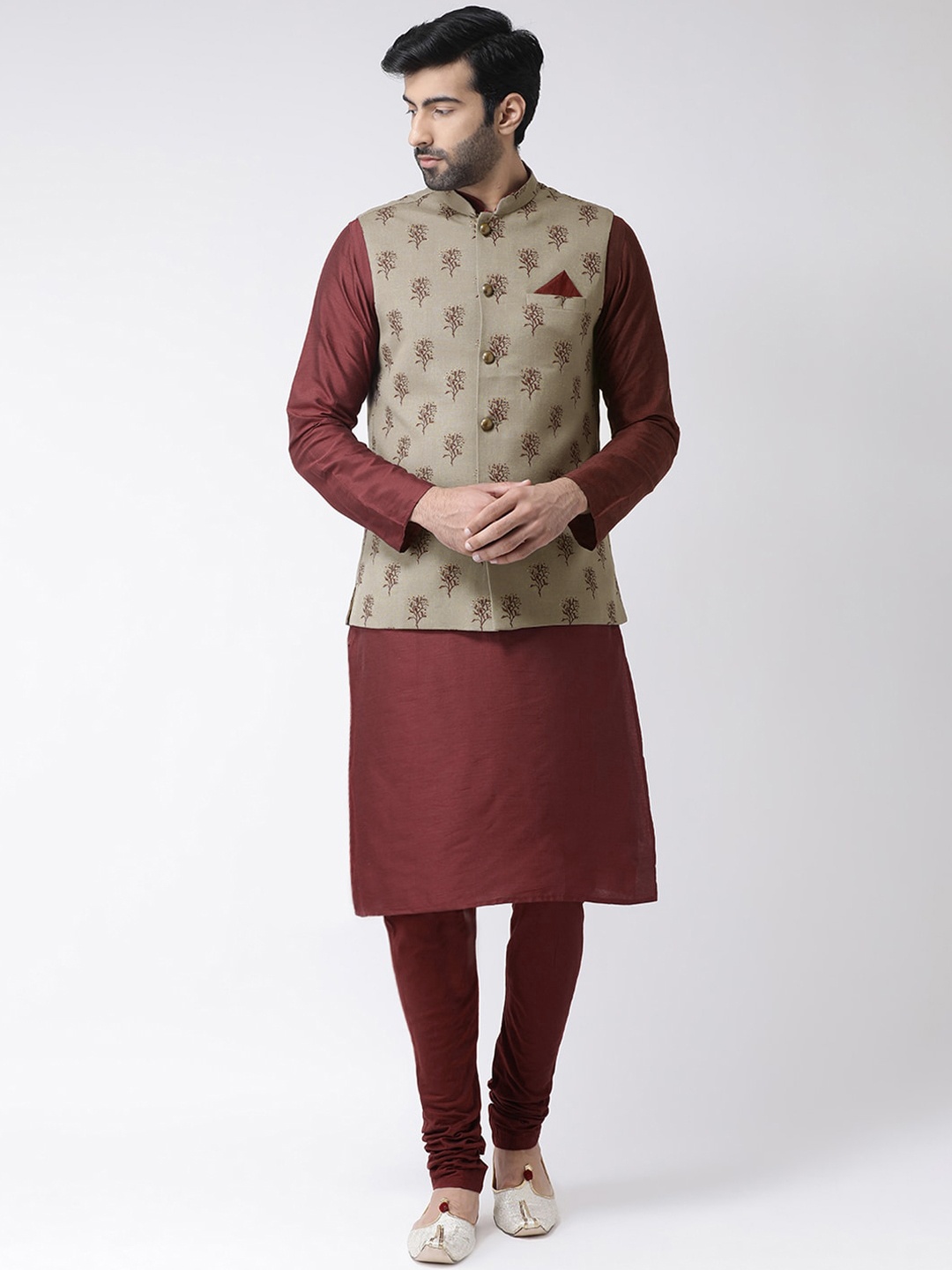 

KISAH Men Red & Grey Kurta with Churidar & Jacket