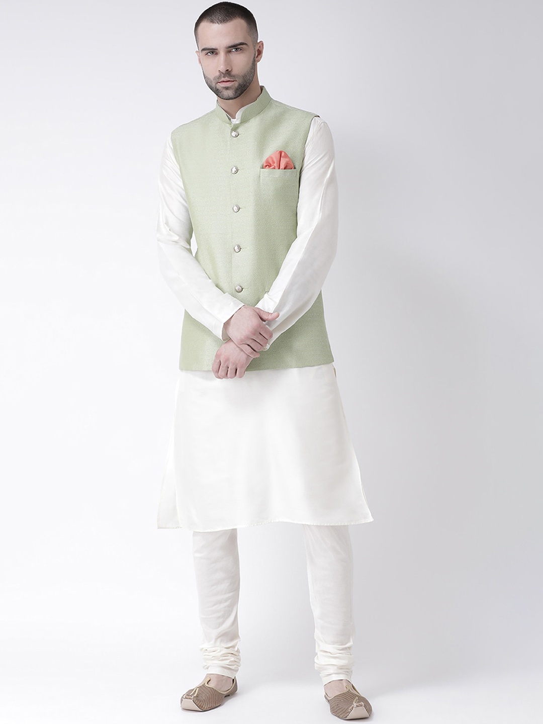 

KISAH Men White & Lime Green Layered Kurta with Churidar & Jacket