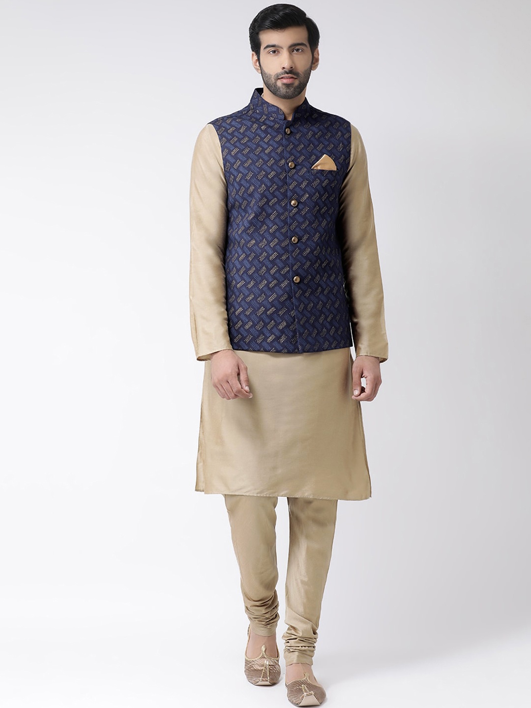 

KISAH Men Golden & Navy Blue Layered Kurta with Churidar & Jacket, Gold