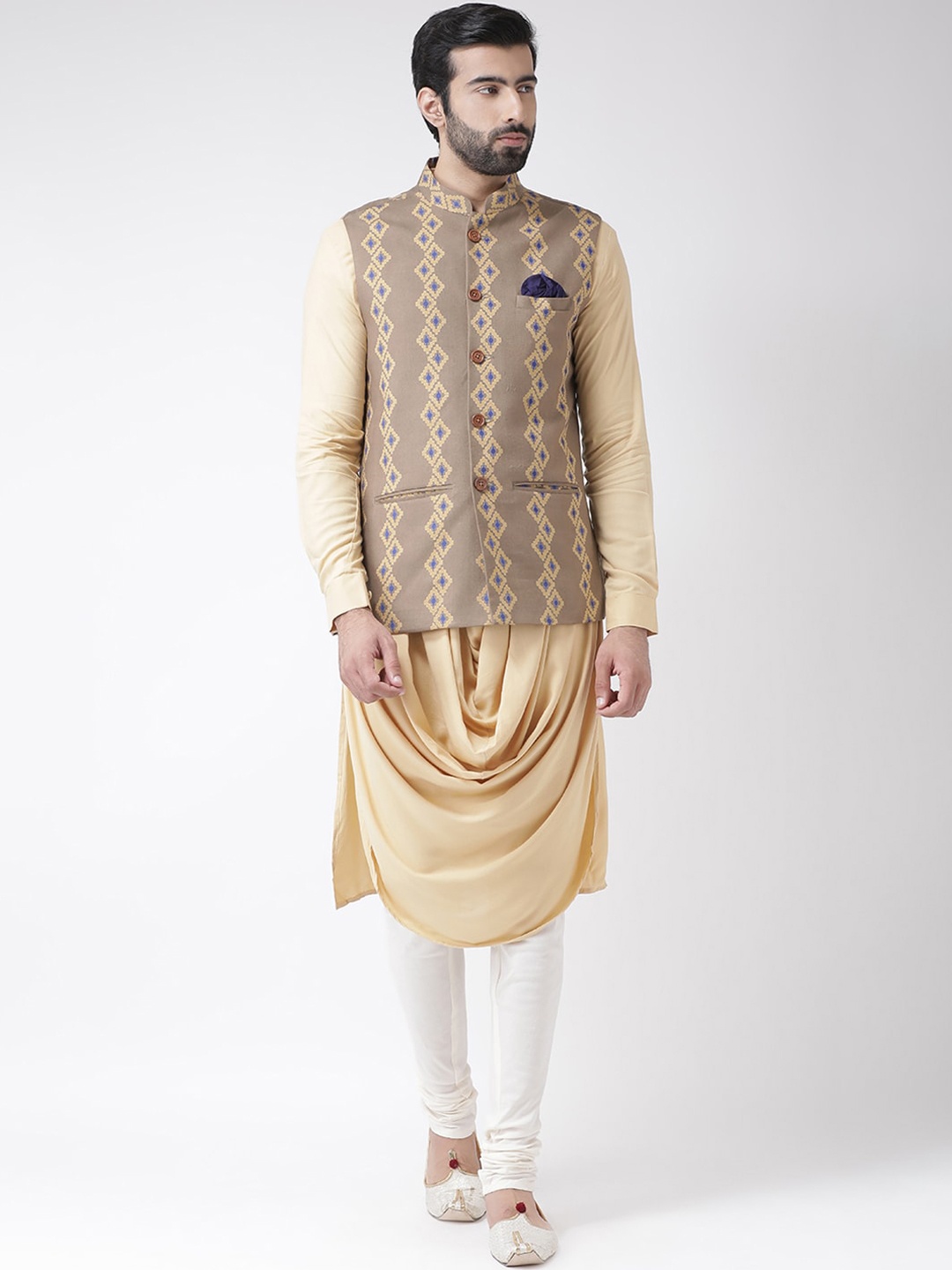 

KISAH Men Cream & Brown Pleated Kurta with Churidar & Jacket