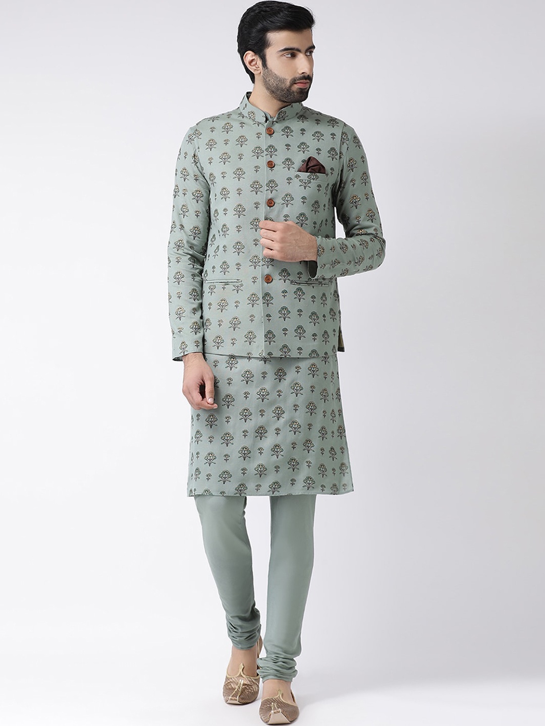 

KISAH Men Green Floral Printed Kurta with Churidar & Jacket