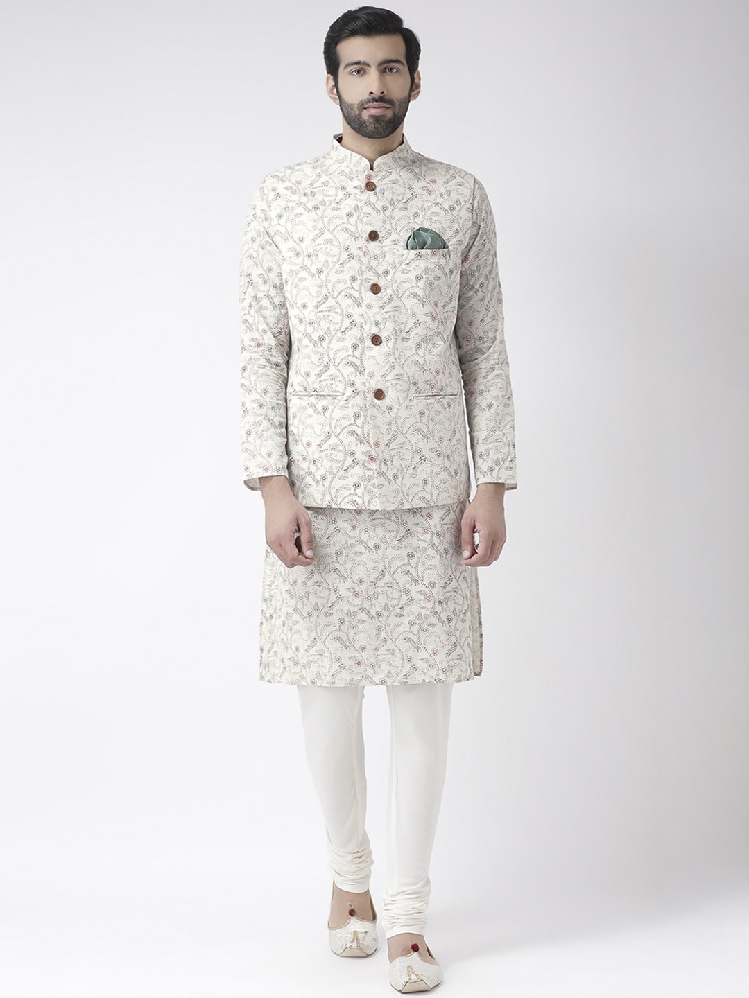 

KISAH Men Kantha Printed Regular Fit Kurta Jacket Churidar Set, White