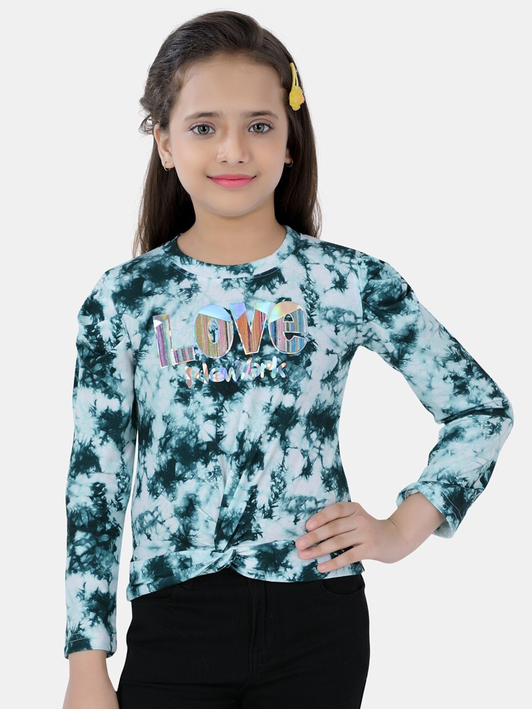 

POPLINS Girls White & Dark Green Tie and Dye Print Top