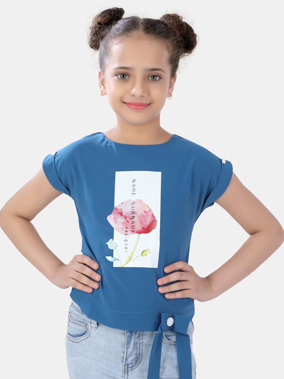 

POPLINS Girls Blue Printed Cotton Regular Top