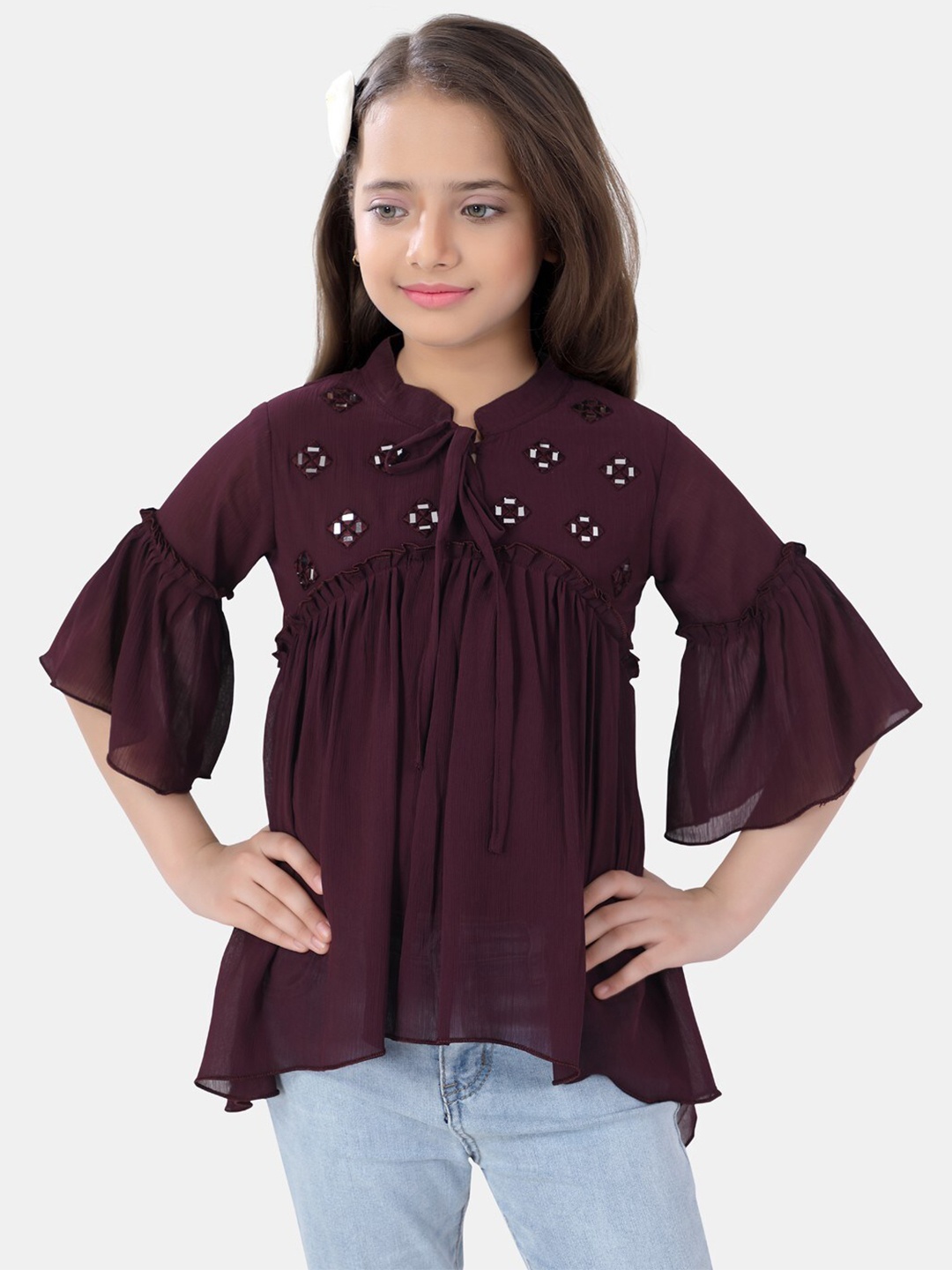 

POPLINS Purple Mandarin Collar Empire Top