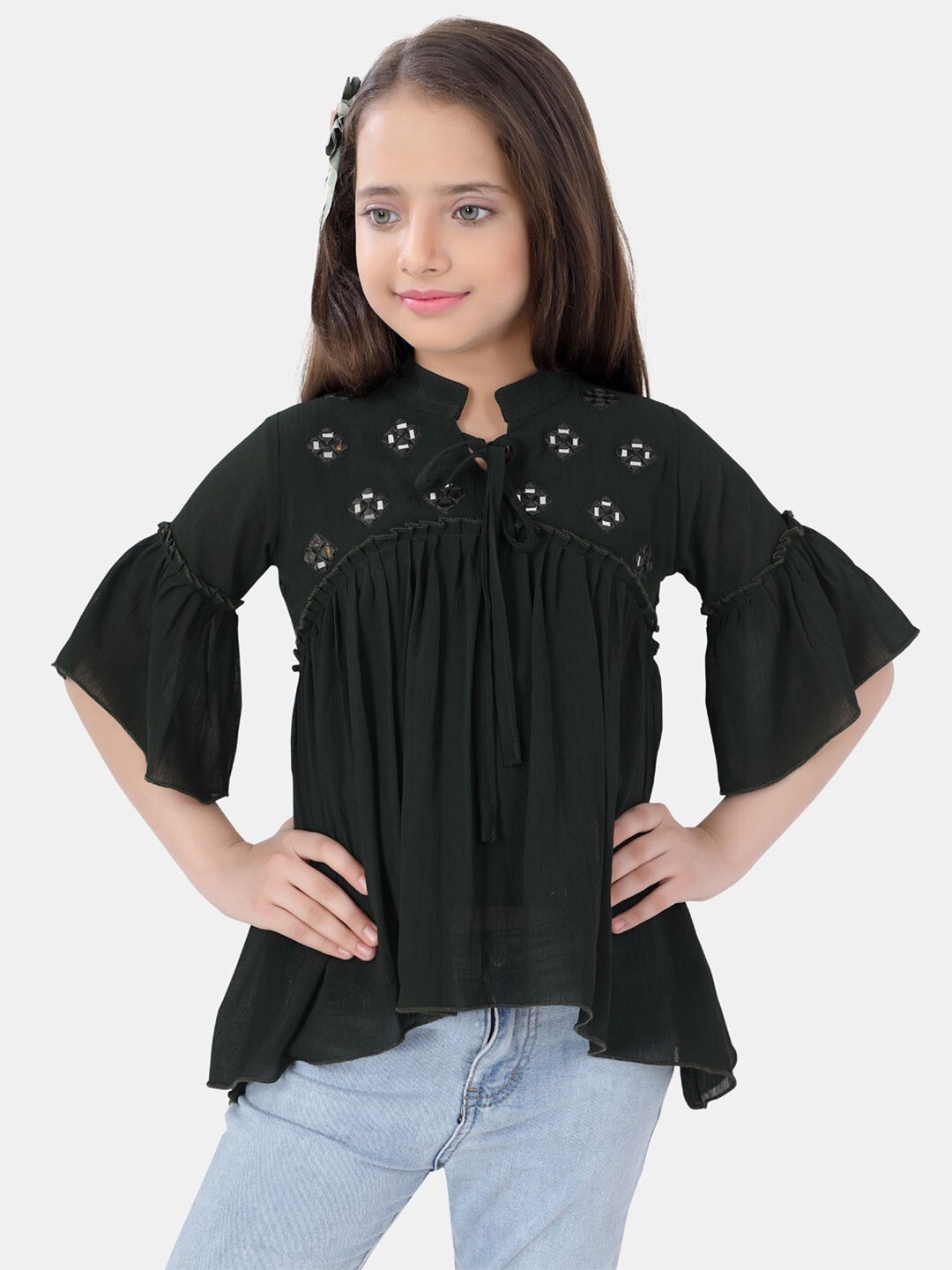 

POPLINS Green Floral Mandarin Collar Top