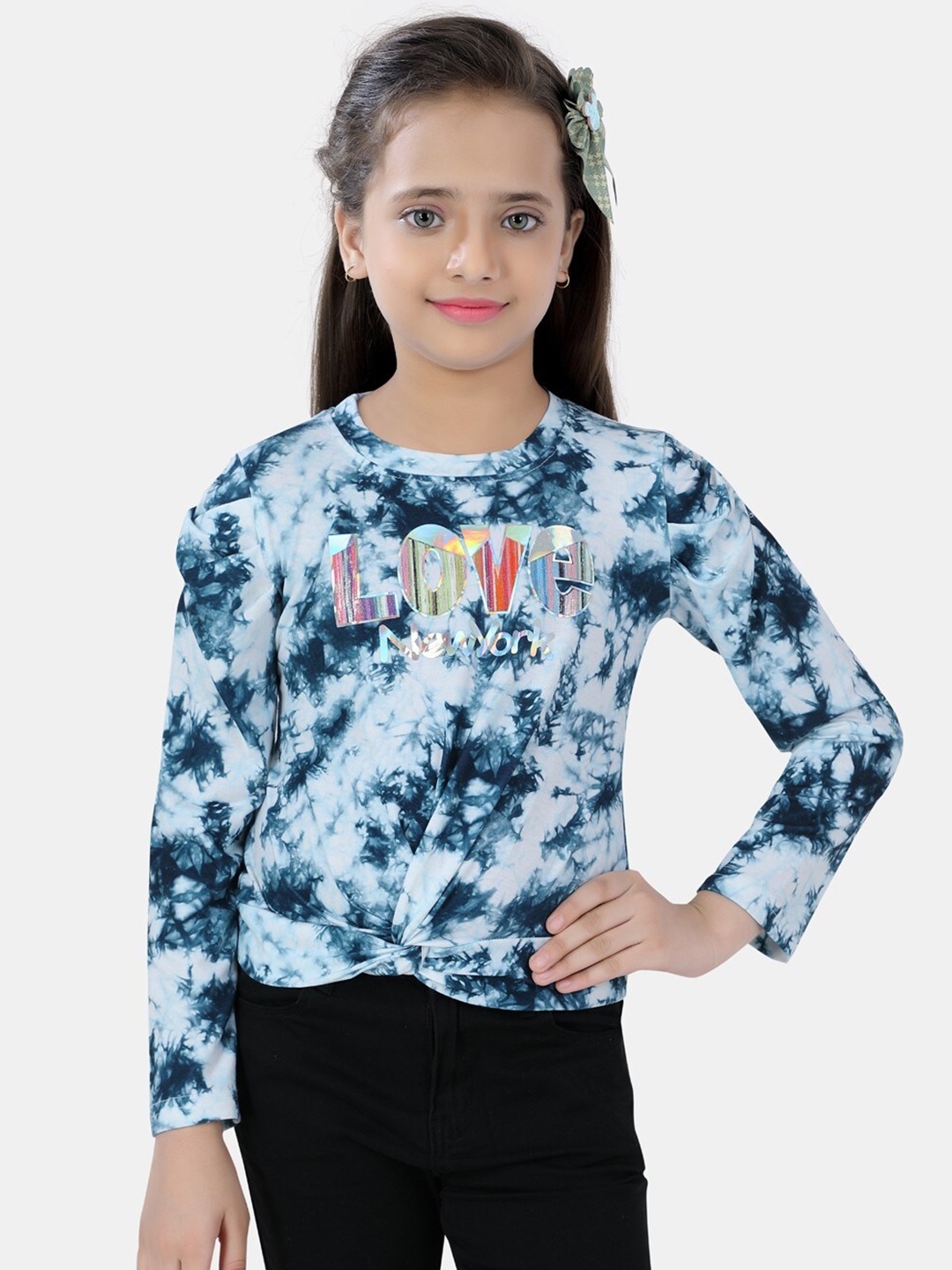 

POPLINS Girls White & Dark Blue Tie and Dye Print Top