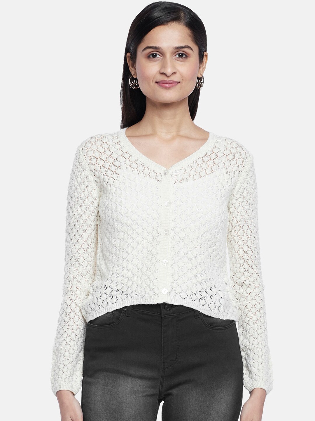 

People Women Off White Open Knit Cardigan