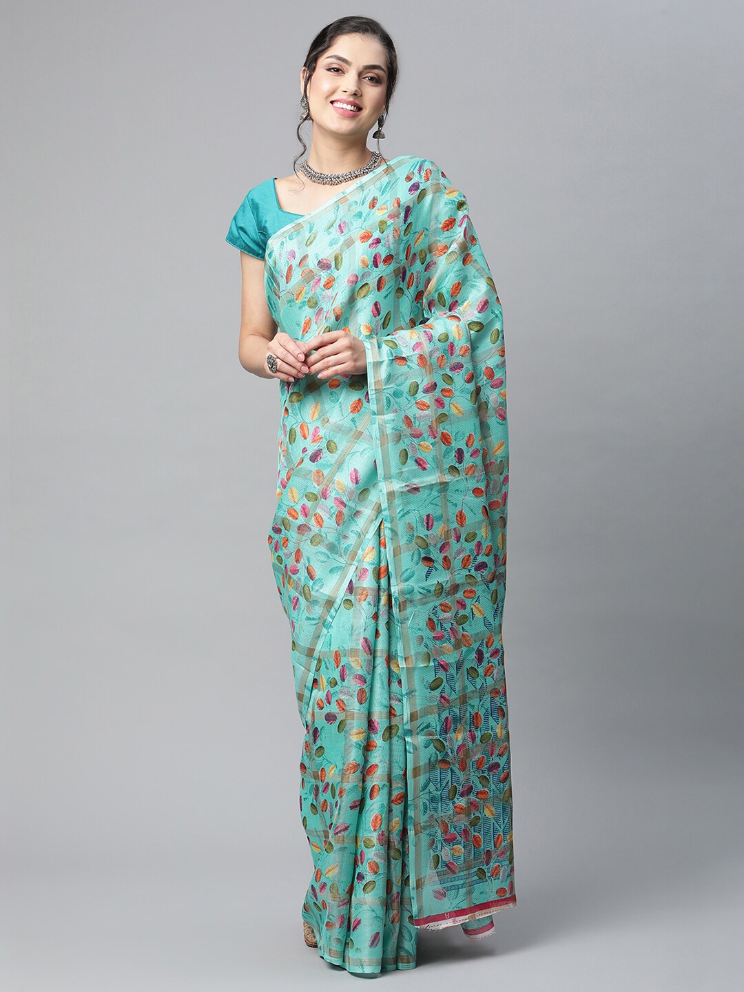 

OM SAI LATEST CREATION Turquoise Blue & Orange Floral Saree