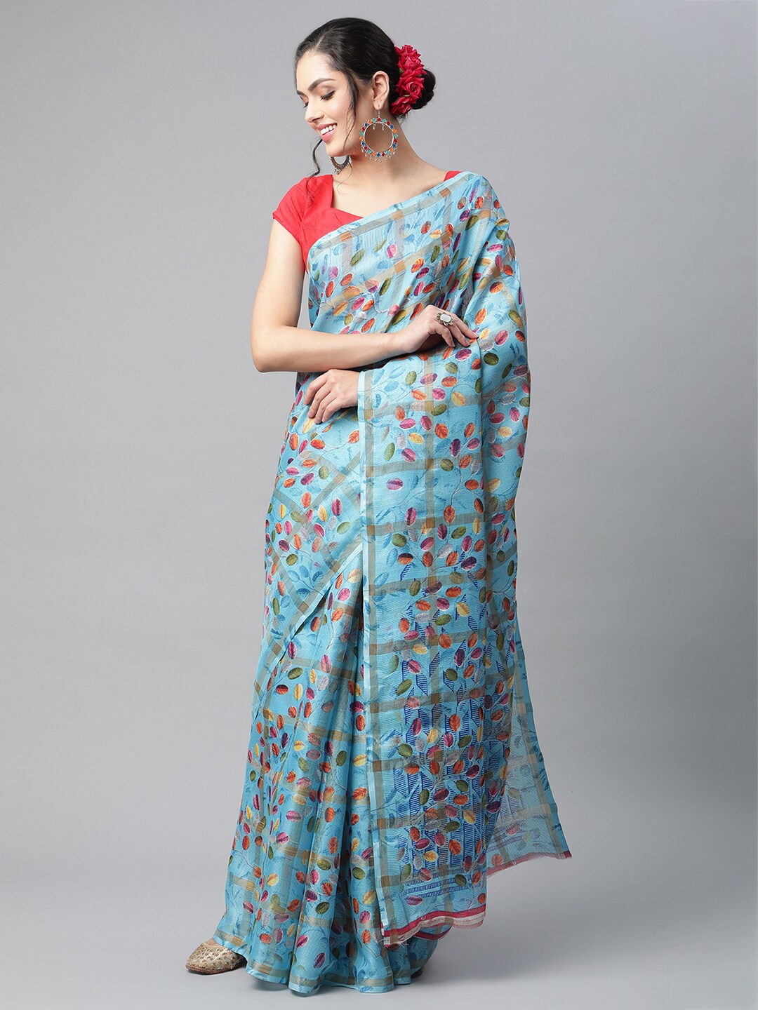 

OM SAI LATEST CREATION Blue & Orange Floral Saree