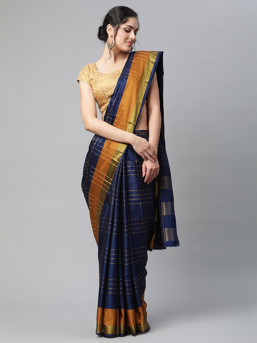 

OM SAI LATEST CREATION Navy Blue & Gold-Toned Striped Zari Art Silk Saree