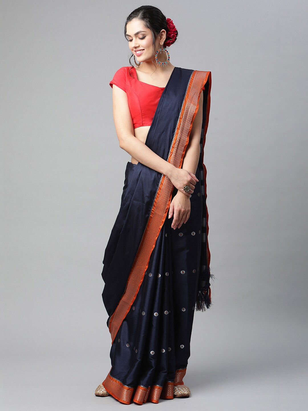 

OM SAI LATEST CREATION Navy Blue & Orange Zari Jute Silk Saree