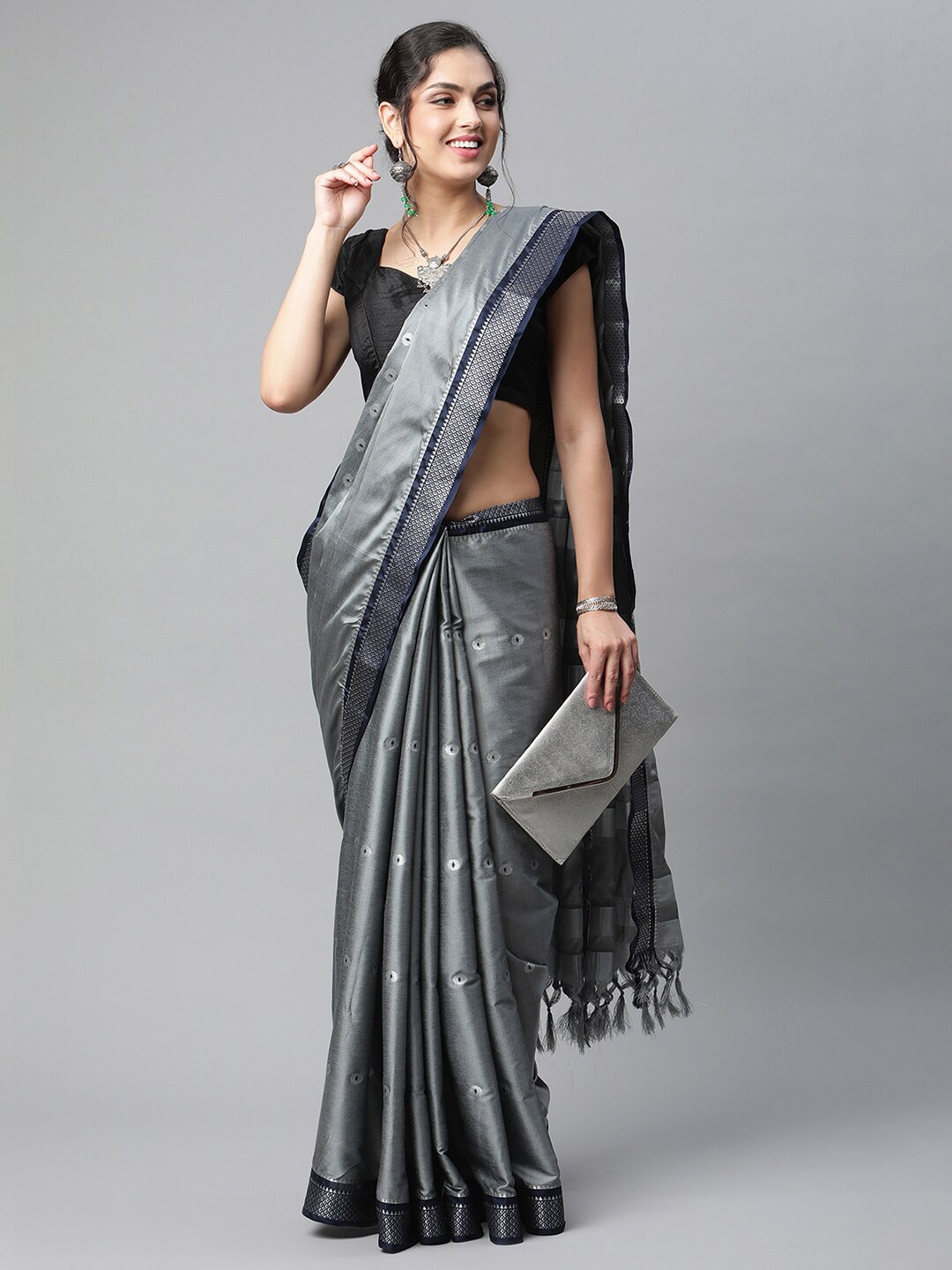 

OM SAI LATEST CREATION Grey & Navy Blue Zari Jute Silk Saree