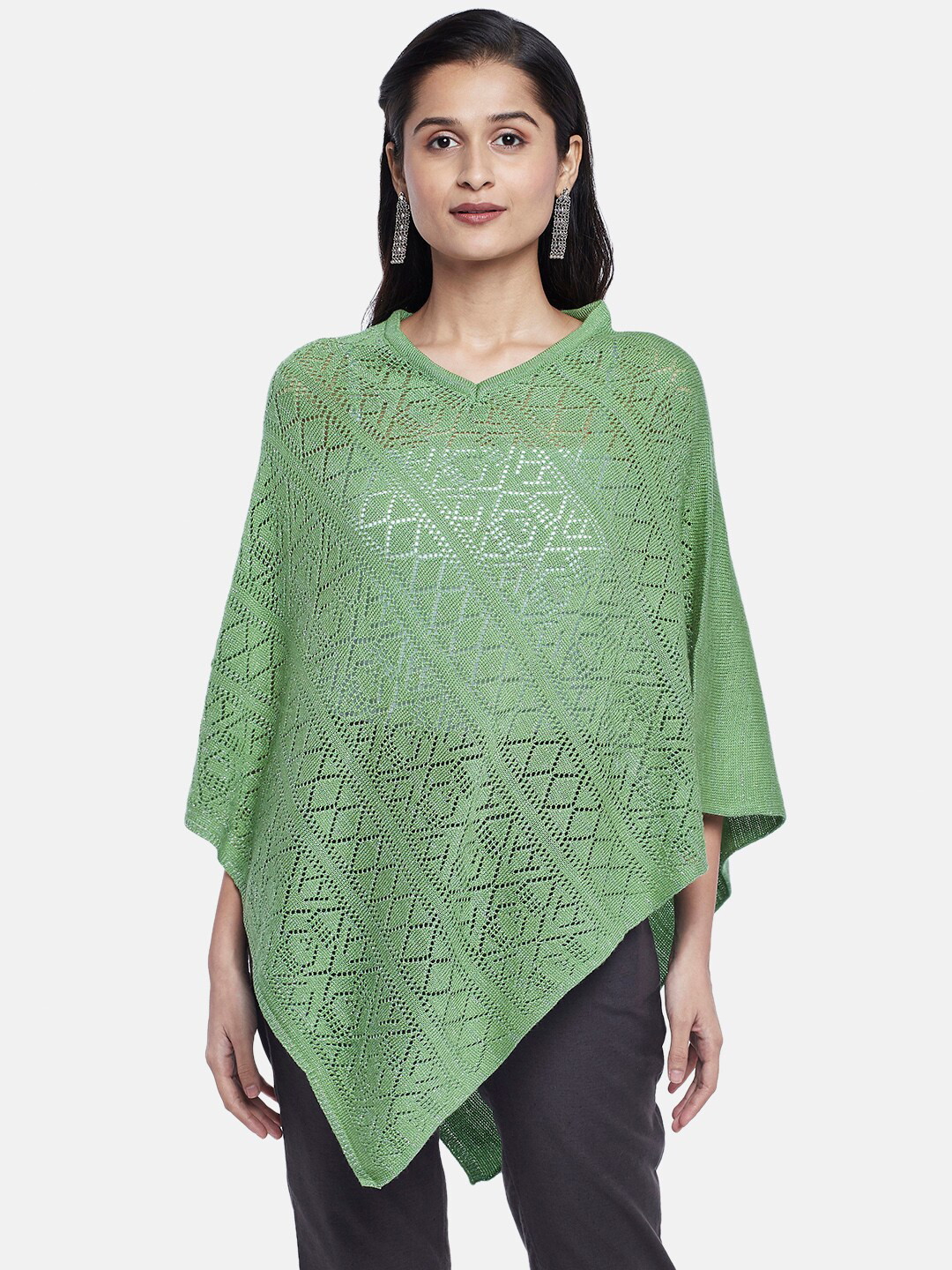 

AKKRITI BY PANTALOONS Women Green Open Knit Fusion Poncho