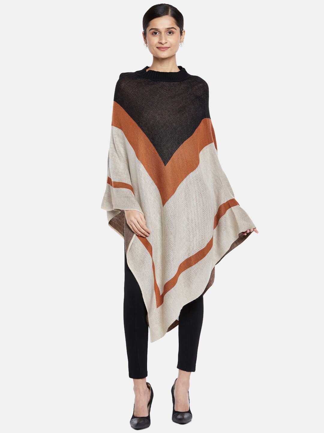 

Annabelle by Pantaloons Women Beige & Black Colourblocked Pure Acrylic Poncho