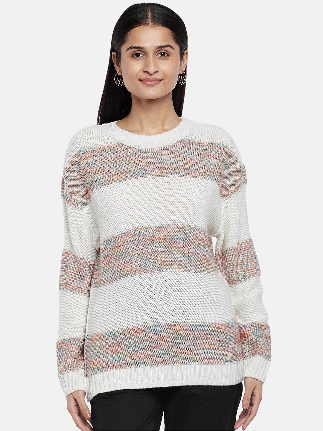 

Honey by Pantaloons Women White & Beige Striped Longline Acrylic Pullover