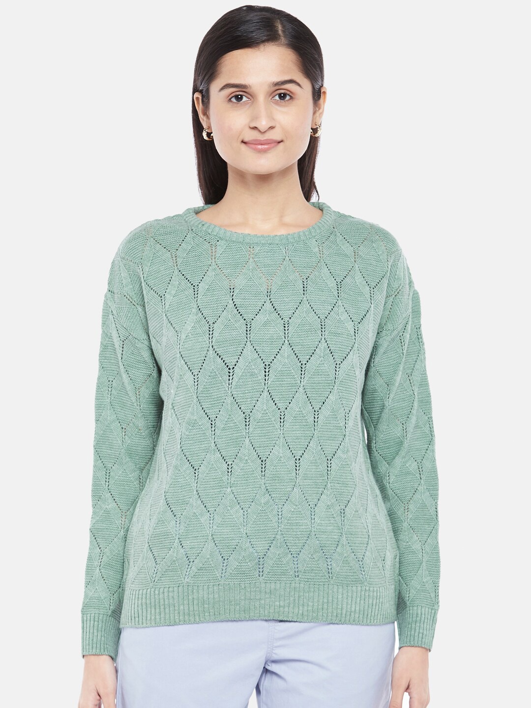 

Honey by Pantaloons Women Green Open Knit Acrylic Pullover