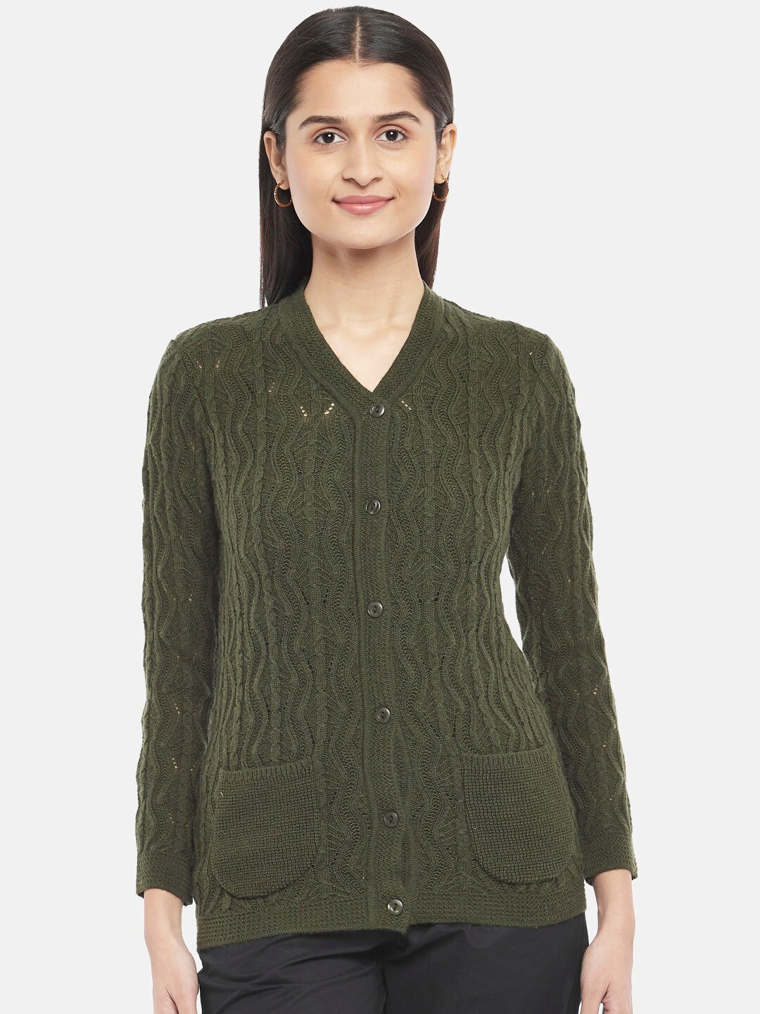 

Honey by Pantaloons Women Olive Green Acrylic Cardigan