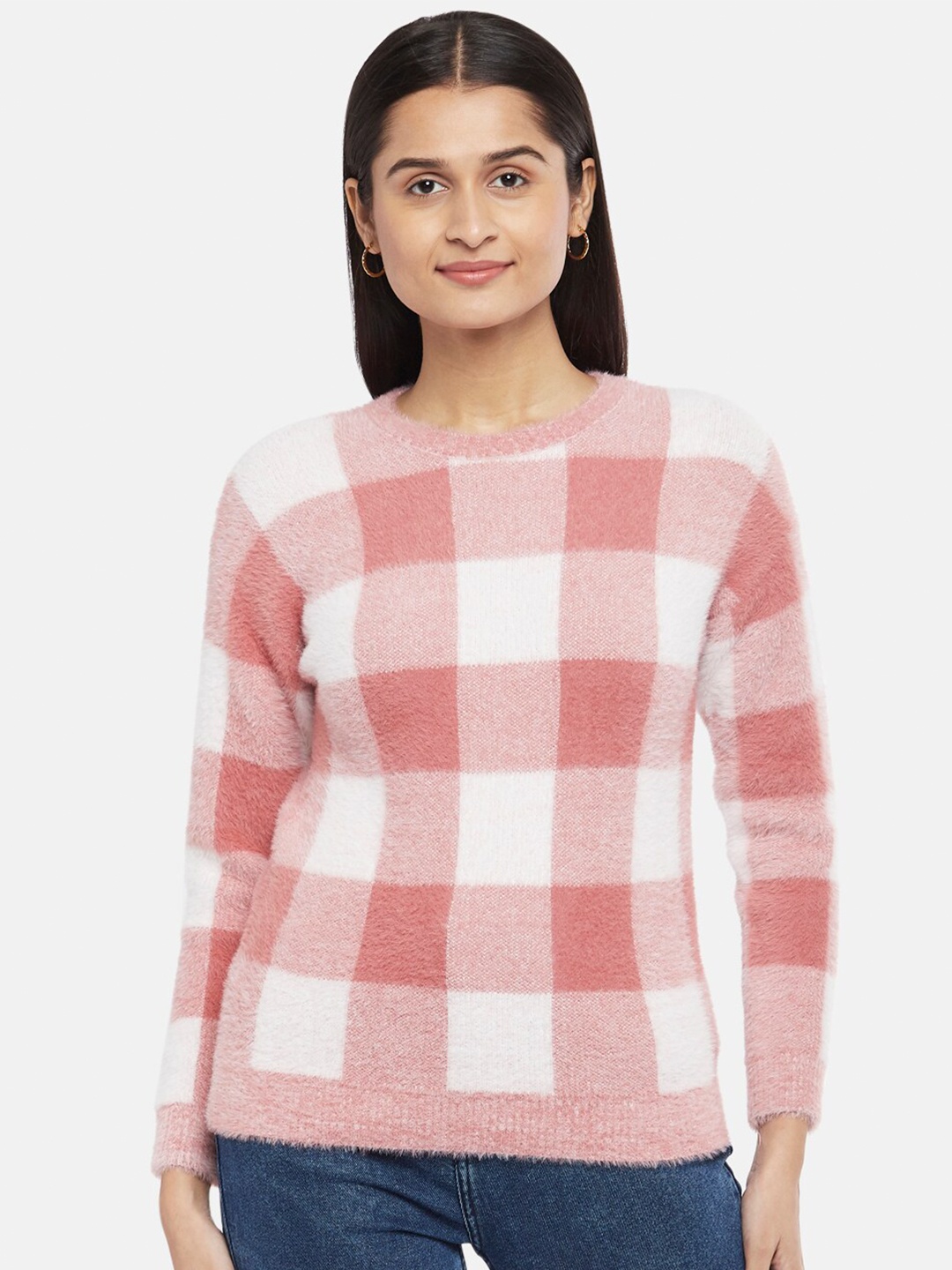

People Women Peach-Coloured & White Checked Pullover