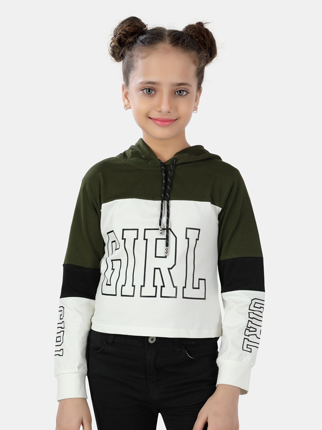 

POPLINS Girls Green & White Printed Hood Sweatshirt