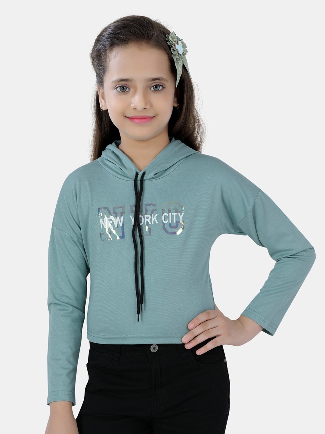 

POPLINS Girls Teal Printed Hood Sweatshirt