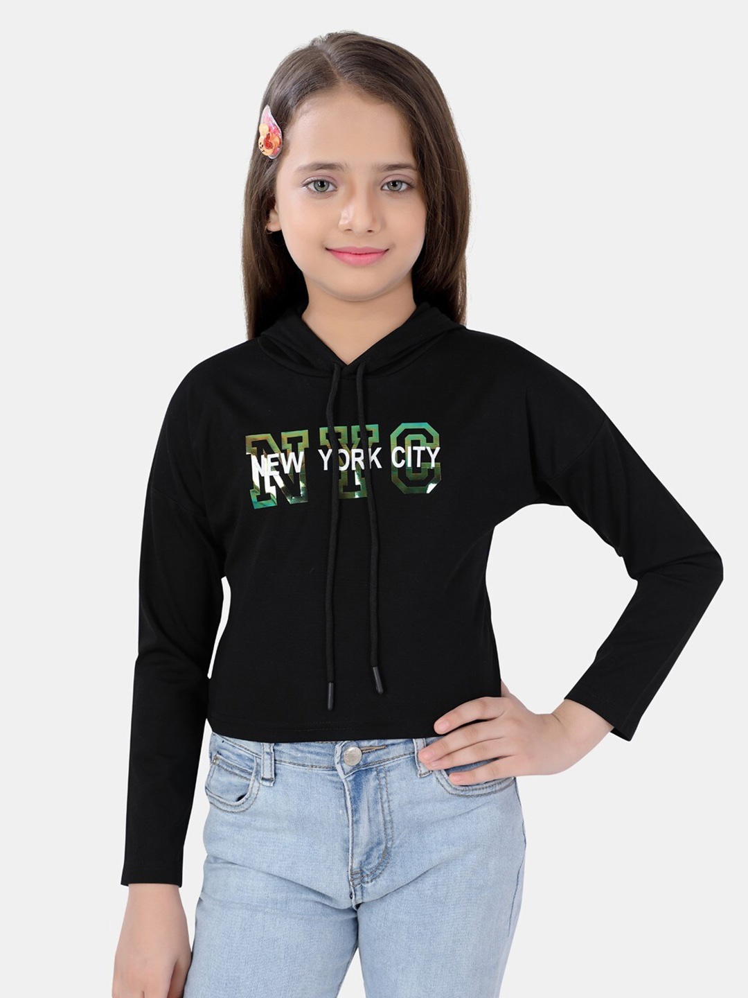 

POPLINS Girls Black Printed Hood Sweatshirt