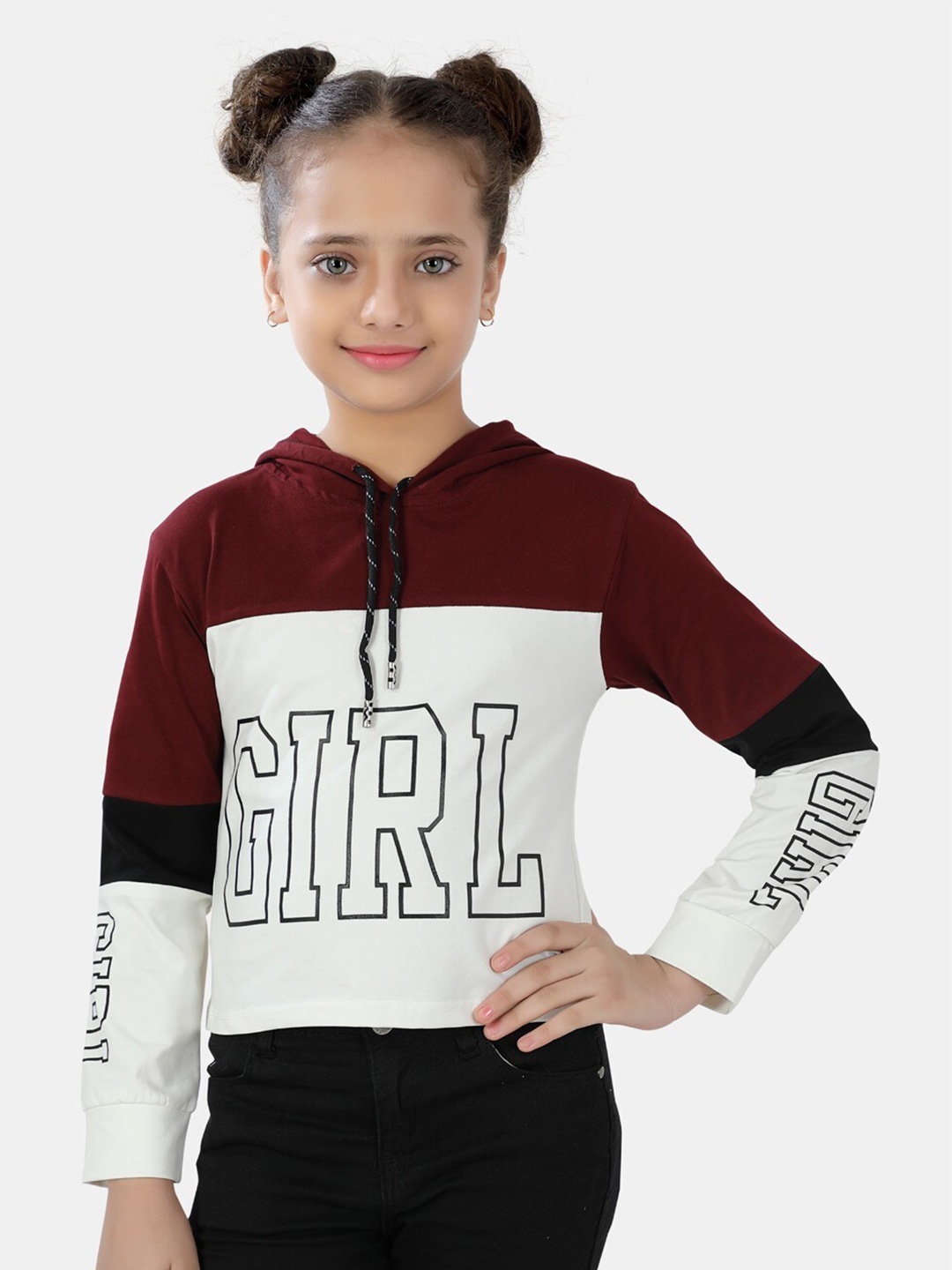 

POPLINS Girls Maroon & White Printed Hooded Sweatshirt