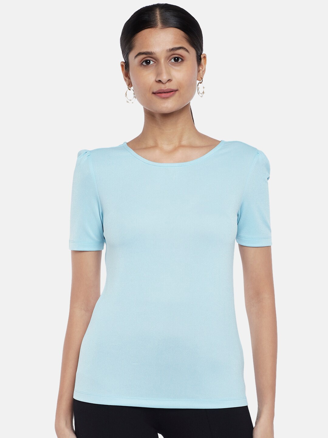 

Annabelle by Pantaloons Women Turquoise Blue Puff Sleeves Top