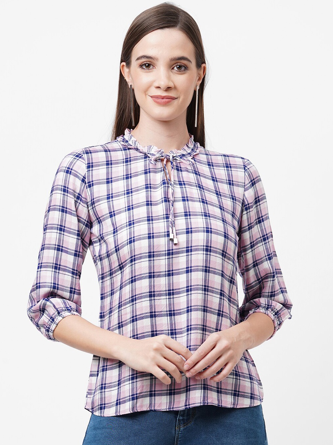 

Kraus Jeans Navy Blue & Pink Checked Shirt Style Top