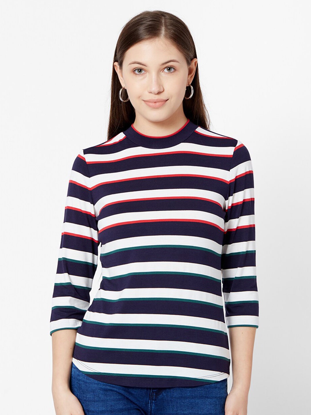 

Kraus Jeans Women Navy Blue & White Striped High Neck T-shirt