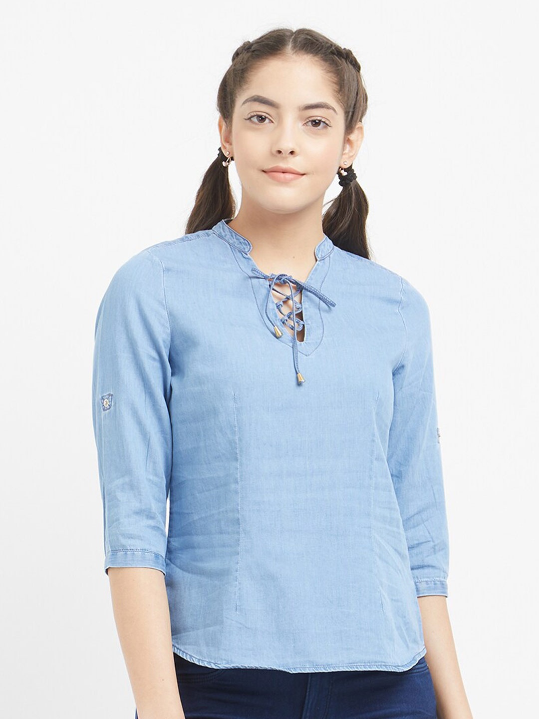 

Kraus Jeans Blue Tie-Up Neck Cotton Top