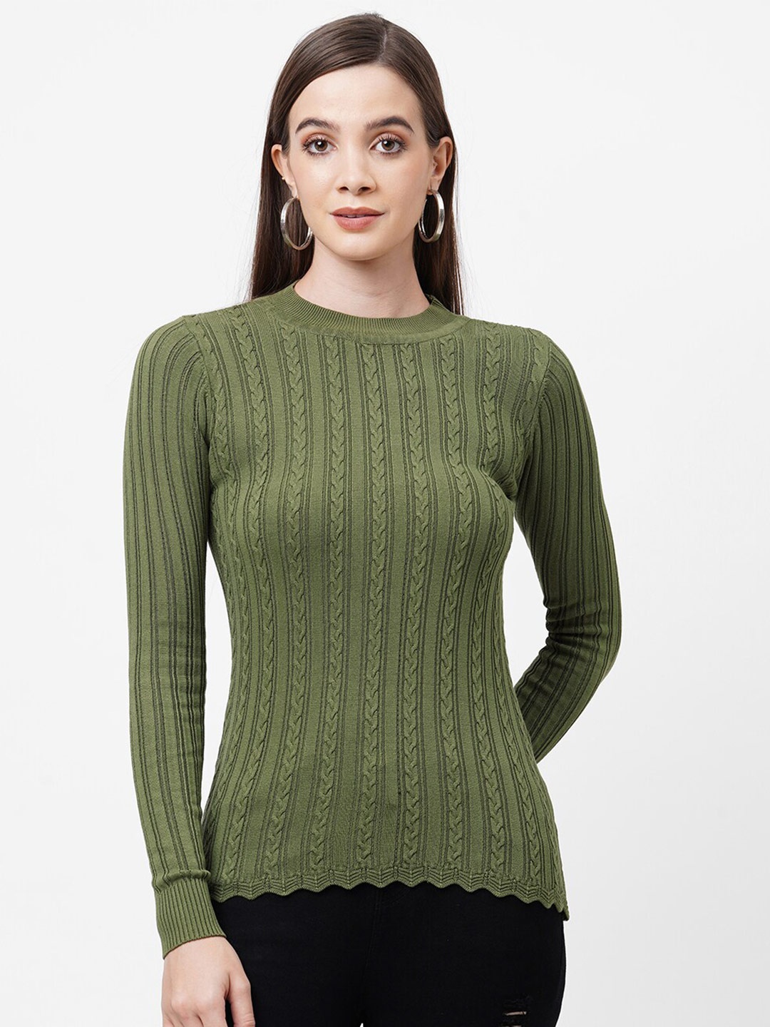 

Kraus Jeans Women Olive Green Cable Knit Pullover