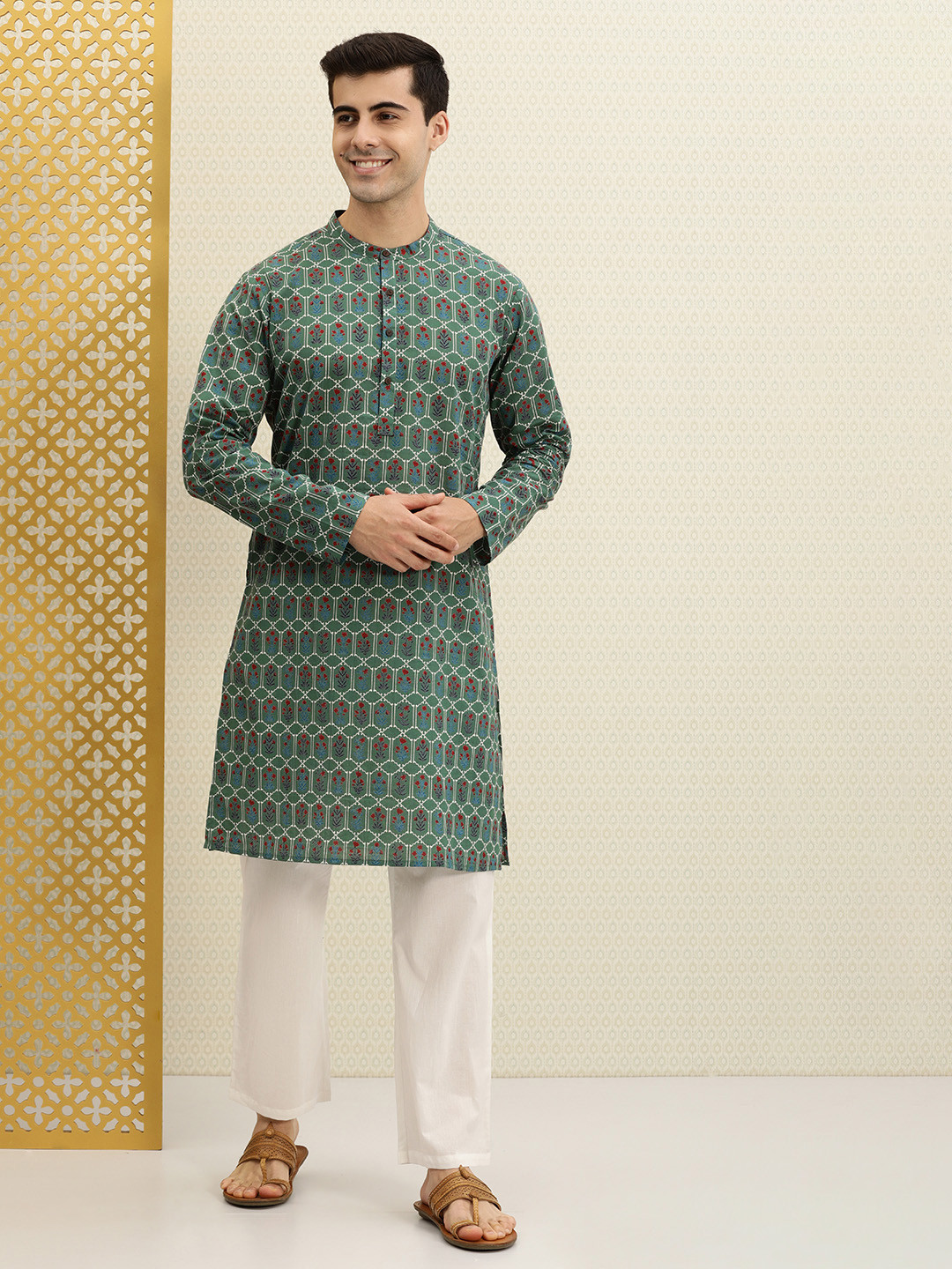 

House of Pataudi Men Olive Green & Multicoloured Floral Printed Kurta