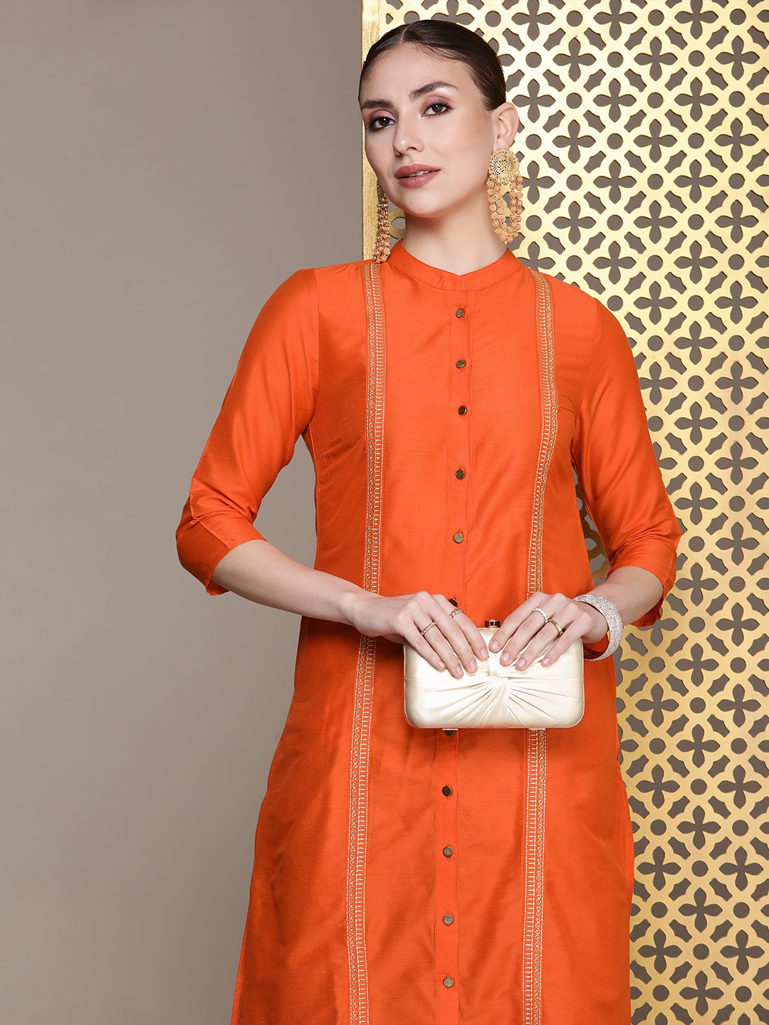 

House of Pataudi Ethnic Motifs Embroidered Jashn Kurta, Orange